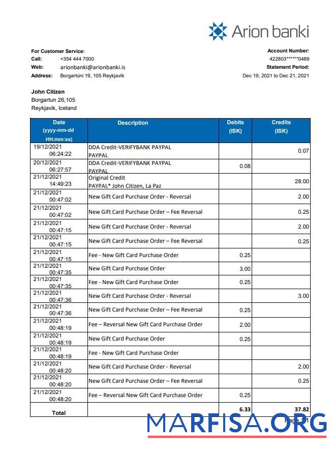 Downloadable Iceland Arion bank statement excel template